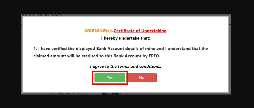 Certificate of Undertaking Screen