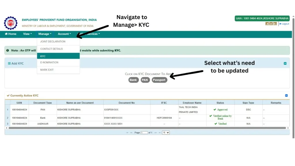 Manage KYC Page Showing Approved Documents